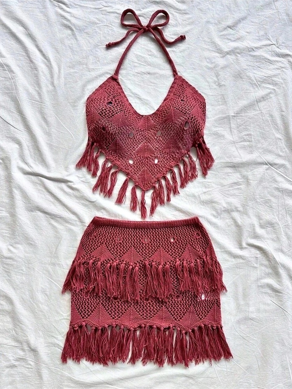 Crochet Fringe Two-Piece Set Cover up set in maroon
